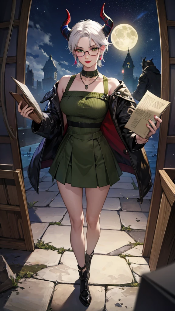 8k, masterpiece, best quality, highly detailed, 1 girl, tiefling, warlock, multicolored hair, very short straight hair green highlight hair on white hair, strippled hair, wearing glasses, round glasses, earrings, navel piercing, miniskirt, red eyeshadow, long eyelashes, blushed cheek, red lips, necklace, rings, collarbone, mole, glamorous, olive green clothing, smirk, fullbody view, rings, looking at viewer, demon horns, solo, nightmarish landscape, blue pale moon, standing, cosmic horror, decaying, holding books
