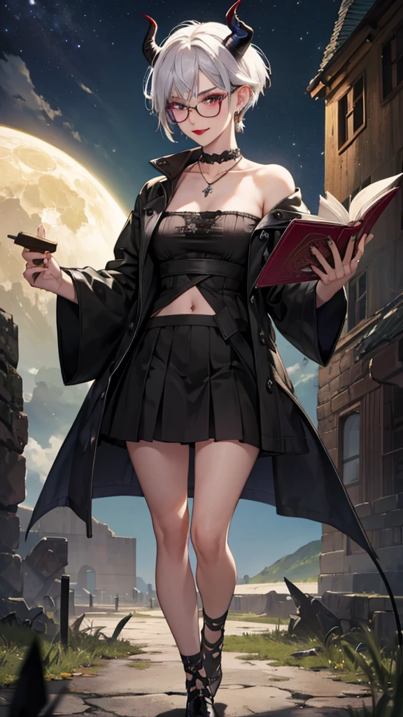 8k, masterpiece, best quality, highly detailed, 1 girl, tiefling, warlock, multicolored hair, very short straight hair green highlight hair on white hair, strippled hair, wearing glasses, round glasses, earrings, navel piercing, miniskirt, red eyeshadow, long eyelashes, blushed cheek, red lips, necklace, rings, collarbone, mole, glamorous, olive green clothing, smirk, fullbody view, rings, looking at viewer, demon horns, solo, nightmarish landscape, blue pale moon, standing, cosmic horror, decaying, holding books