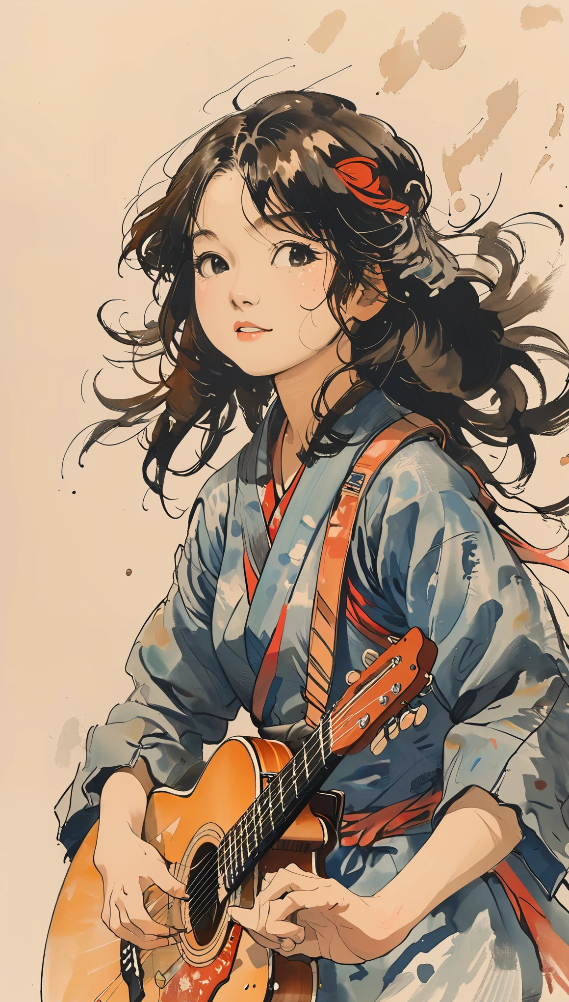 sketch、The Style of Kawanabe Kyosai、Girl、Playing the guitar
