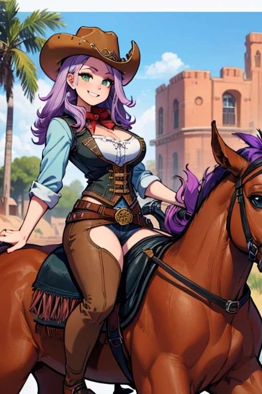 Perfect face. Perfect hands. A light purple haired cowgirl with green eyes and an hourglass figure in a conservative cowgirl outfit is riding a horse through a wild west town with a big smile