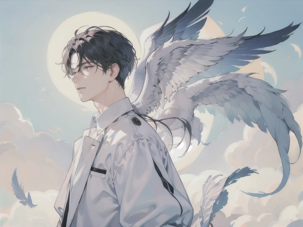 man, side face, wings white behind him, angel