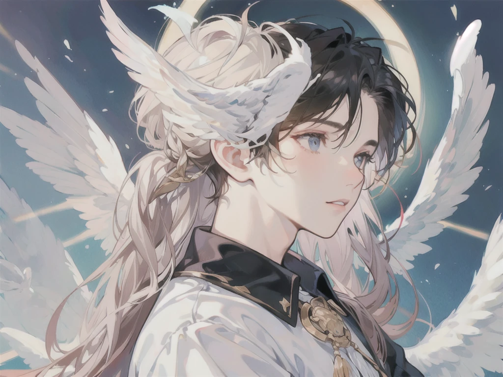 man, side face, wings white behind him, angel
