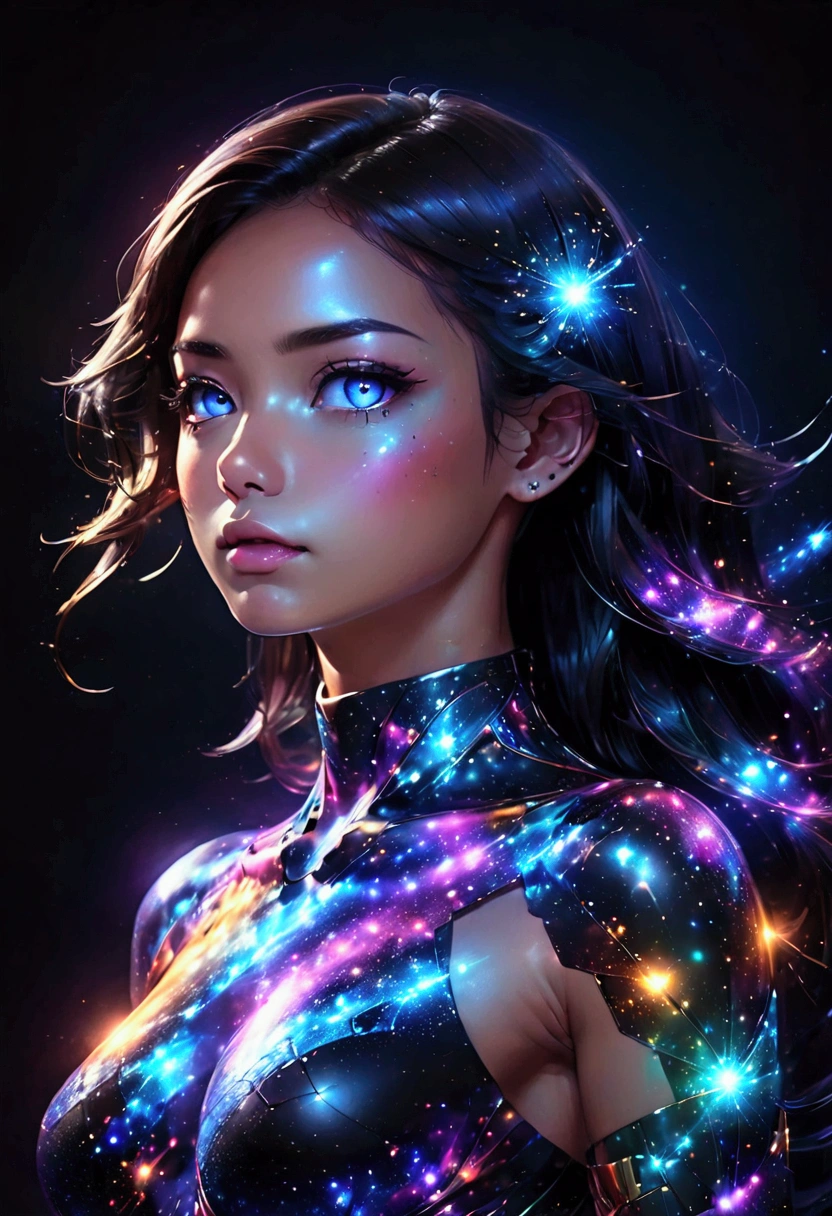 PORTRAIT, a battle angel portrait, beautiful skin with sparkles and glitter, long long hair, shiny and lightening eyes detailed skin, image is compelling with dynamic composition and energetic posing. Include many fantasy details such as bumps, phantasmal iridescence, glitter, galaxy, cosmos, ((dark celestialskin body, void cosmic body)), (((dark background))), (((lights off))), (((hollywood dark))), horror, dramatic shadows, (in a dark fantasy space:1.3, glitter, sparkle, gleam) vector digital illustration, (black background:1.5)sharp