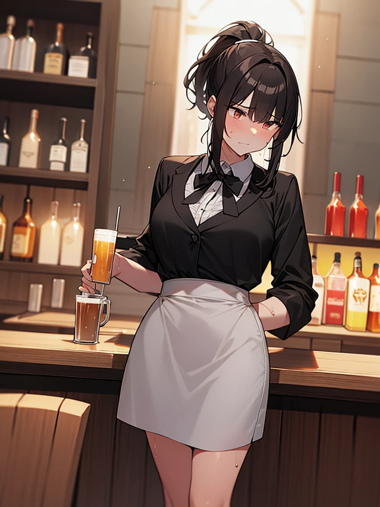 A masterpiece! A single, female figure with dark skin and striking red eyes. She wears a black jacket with rolled-up arms, fingerless gloves, and a crisp white T-shirt. Her hair is short and stylishly messy. A white headband adds a touch of whimsy to her look. Black pants and white shoes complete the outfit, cinched at the waist by a brown belt. As she eats and drinks with friends in a cozy restaurant setting, her confident gaze radiates charm. The high-quality lighting casts a warm glow on her fine features, fine grain texture of her skin, and the surprise-filled sparkle in her eyes.