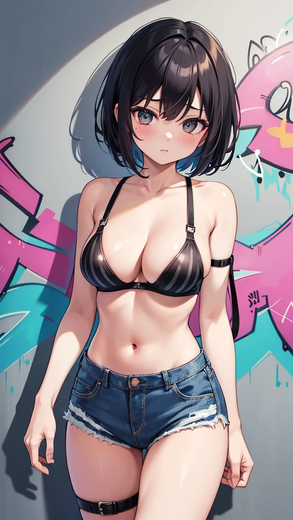 (Cowboy Shot), (Highest quality, Ultra-high resolution, Written boundary depth:1.2), Adult, 1 female, Toned body, Mid-chest, Wide Hips, alone, Black Hair, Striped Hair, short hair, bangs, (((Black bra,Shoulder strap removal、show off one of nipple))), Denim shorts, (graffiti:1.4), Painted clothing, Hunchback, Against the wall, View your audience, Upturned eyes, Tilt your head, boredom, Place your arms at your sides and relax..