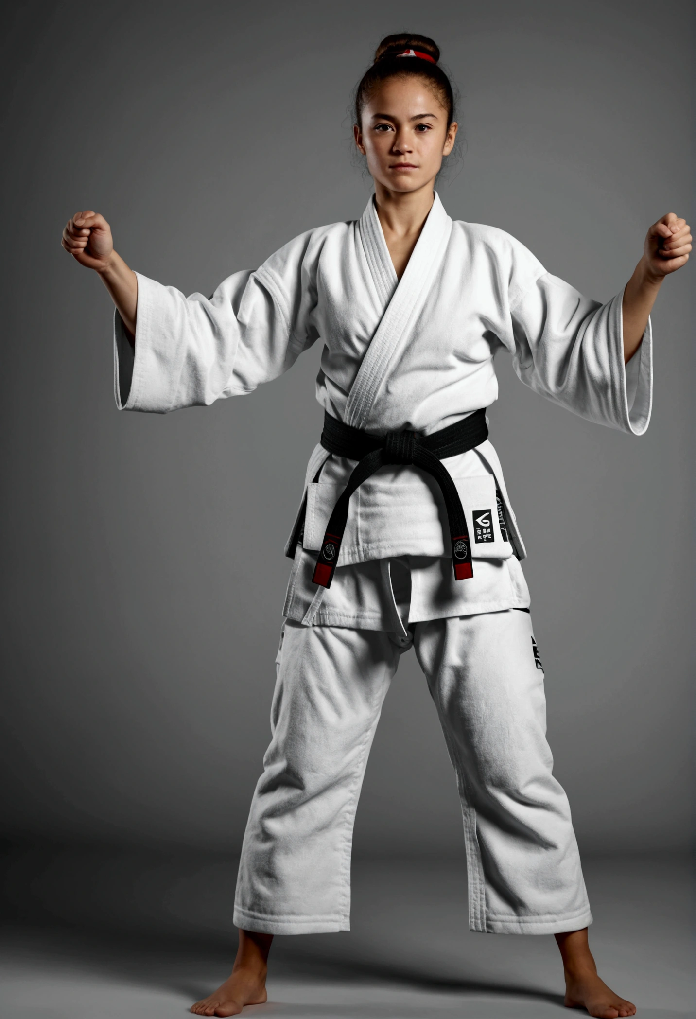 Brazilian jiu-jitsu woman wearing white belt, kimono and white belt, with parallel arms next to the body, woman in a standing position in full body, soft and friendly face Children's studies, 8k, hyper realistic, detailed.