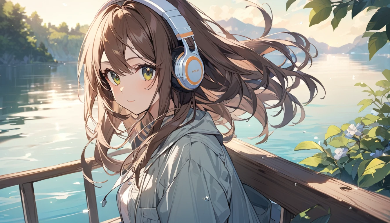 Girl wearing headphones,Brown Hair,1 person,bright,Detailed Background,「Quiet lakeside」 - Relax by the lake