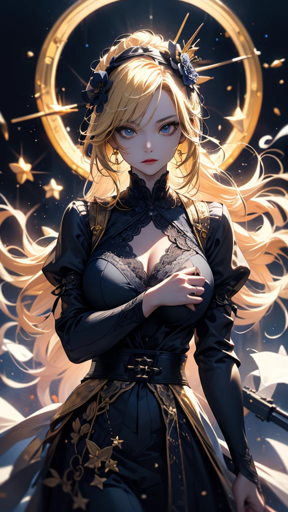 masterpiece, high quality, 4K, Beautiful design, silhouette，blonde， 非常に詳細な夜のStarry Sky,Flower Field， wonderful, Finer details,  Very knowledgeable woman, Highly detailed solo, 1 female,Big Breasts，Gothic ta Fashion，２Hold a gun in front of your chest.，Night view，Starry Sky，full moon，