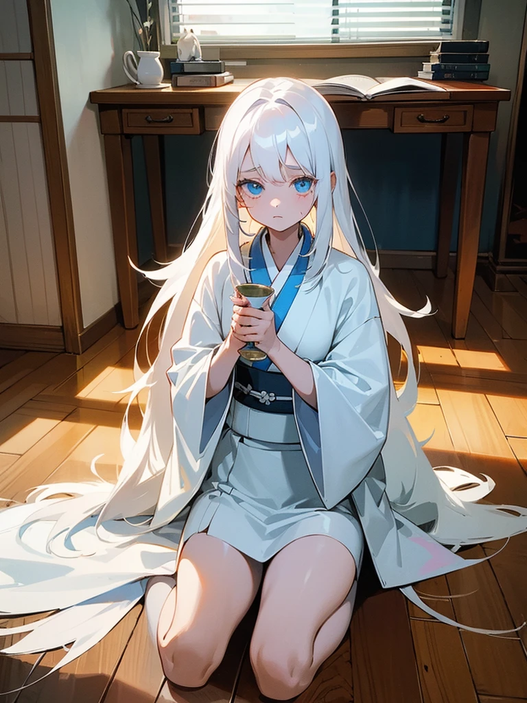 Young girl, 8, long  white hair, wearing white kimono, blue colored eyes, holding a porcelain cup with blood inside, is in an 80s style office, books around, wood floor, Grieving, sad, pale skin, sickened appearance