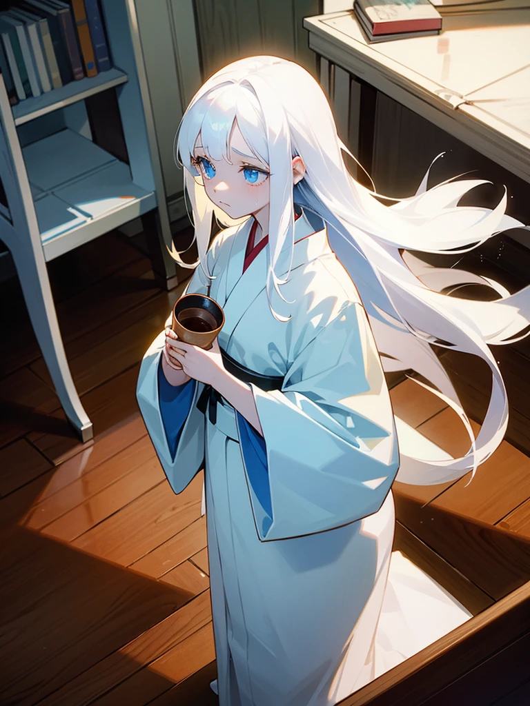 Young girl, 8yo, long  white hair, wearing white kimono, blue colored eyes, holding a porcelain cup with blood inside, is in an 80s style office, books around, wood floor, Grieving, sad, pale skin, sickened appearance