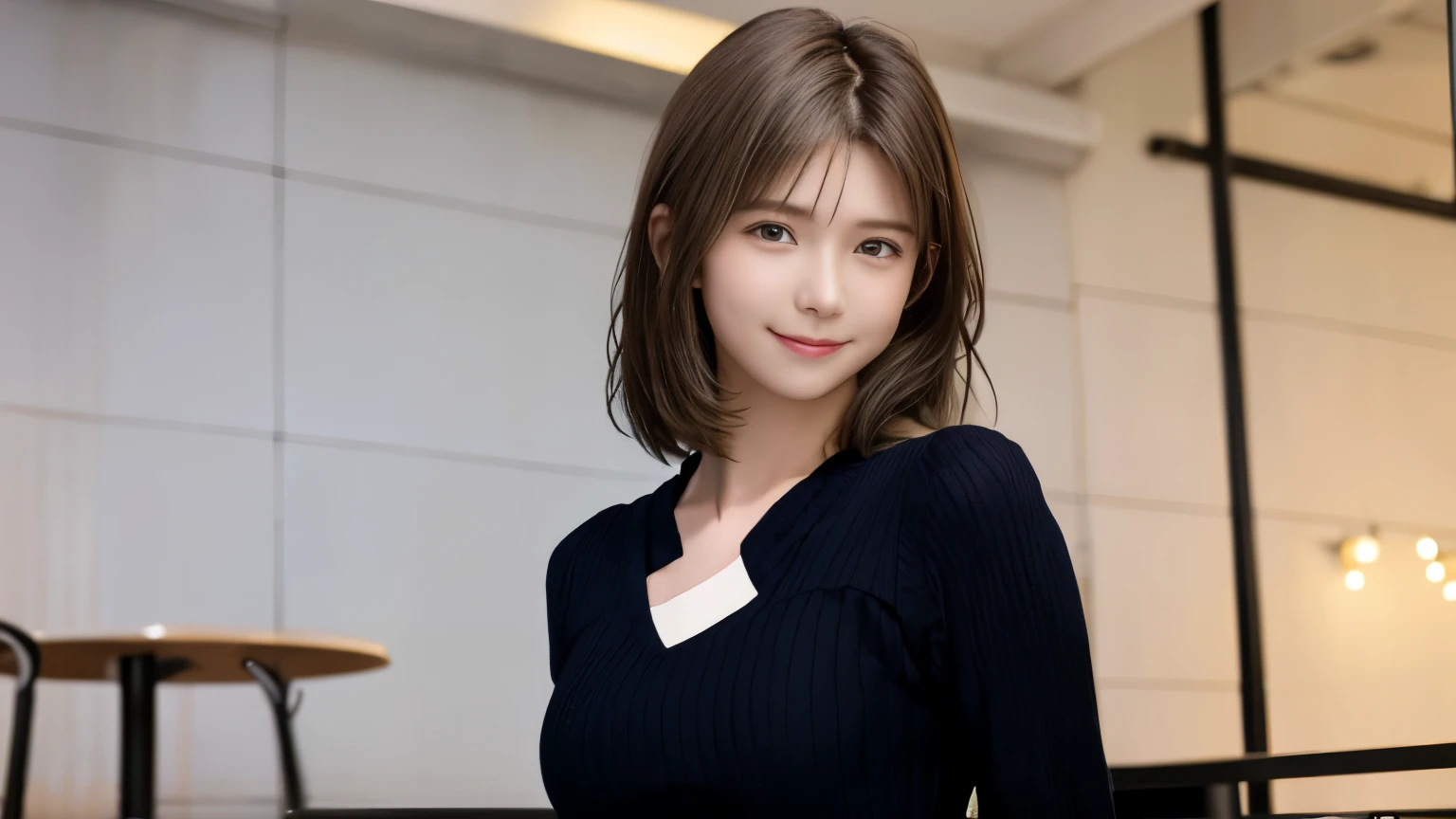 super high quality, Slenderのネックレス, Slender, The staff is working at the counter in the back., (8k、RAW Photos、Highest quality、masterpiece:1.2), Japanese Idol, Stylish café, Fashion magazine photoshoot, (Realistic、Photorealistic:1.37), Urban Cafe, Golden Ratio, Raw photo, Cute face , Light Brown Hair, Small breasts, Bright cafe interior, Blurred Background, Summer clothes, Cafe Terrace, Open Cafe, Photographed inside the cafe, A kind smile, Hair blowing in the wind, Neat clothes, boyish, Very Short Hair, 18-year-old, younger sister, Stylish clothes,