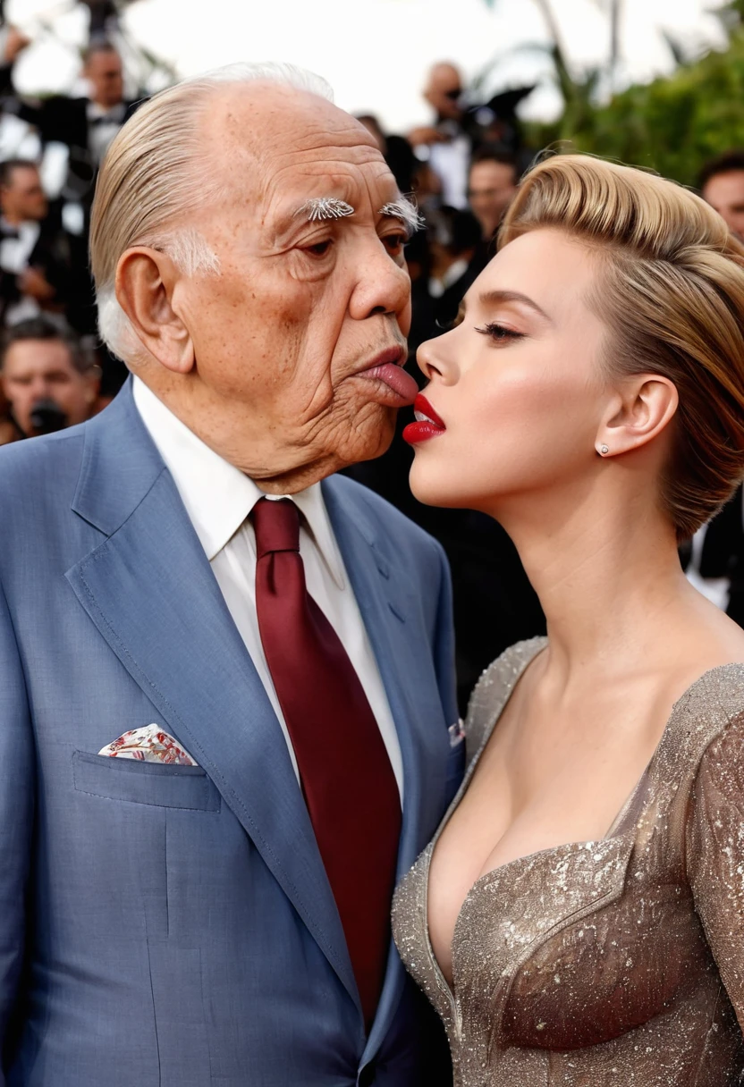 60-year-old grandfather is standing next to movie star scarlett johansson.  She is naked . He kissing her.
