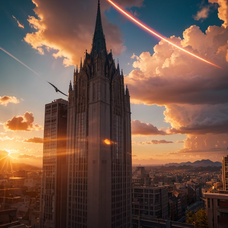 (Super Resolution,masterpiece,Highest quality,In detail), Dramatic Light, Dramatic lighting, Cinematic, Anime Scenery, Fantasy World, Magic, Beautiful sky, cloud, building, bike, Airplane trajectory, bird, Dramatic Lighting, Cinematic lighting, sunset, warm sunset, Warm sun, street, Depth of written boundary, Lens flare,