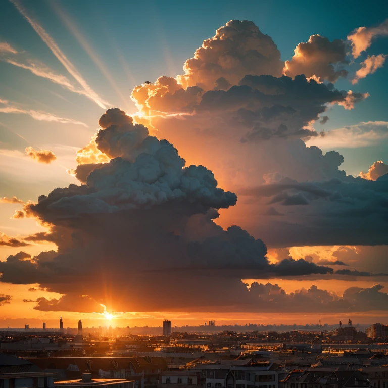 （Super Resolution,masterpiece,Highest quality,In detail), Dramatic Light, Dramatic lighting, Cinematic, Anime Scenery, Fantasy World, Magic, Beautiful sky, cloud, building, bike, Airplane trajectory, bird, Dramatic Lighting, Cinematic lighting, sunset, warm sunset, Warm sun, street, Depth of written boundary, Lens flare,