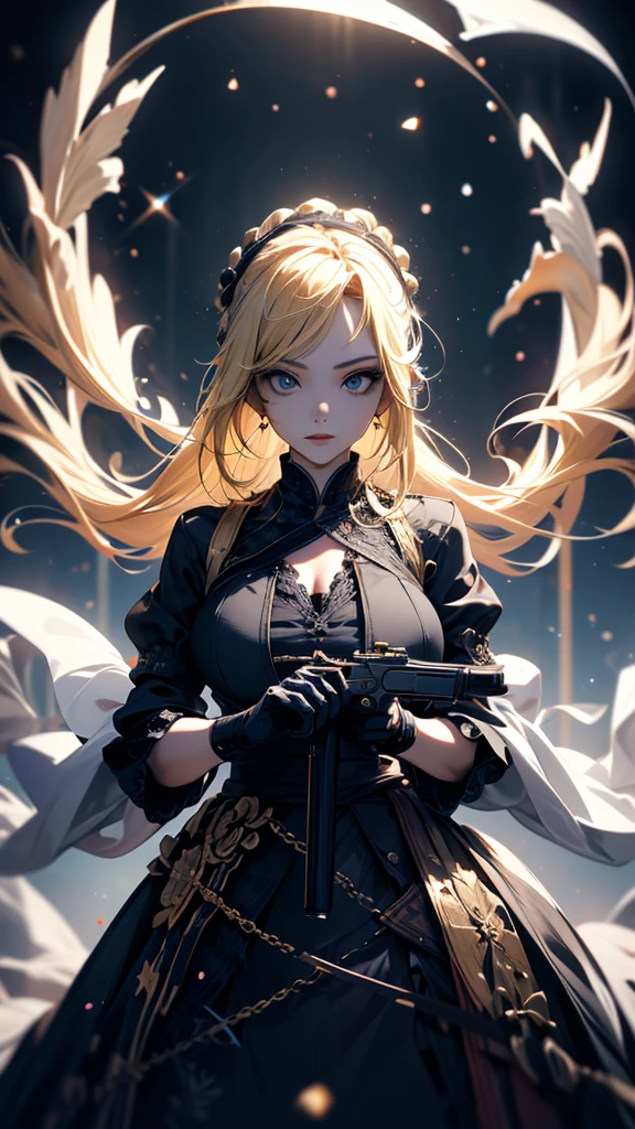 masterpiece, high quality, 4K, Beautiful design, silhouette,blonde, 非常に詳細な夜のStarry Sky,Flower Field, wonderful, Finer details, Very knowledgeable woman, Highly detailed solo, 1 female,Big Breasts,Gothic Lolita Fashion,2Hold a gun in front of your chest.,Night view,Starry Sky,full moon,