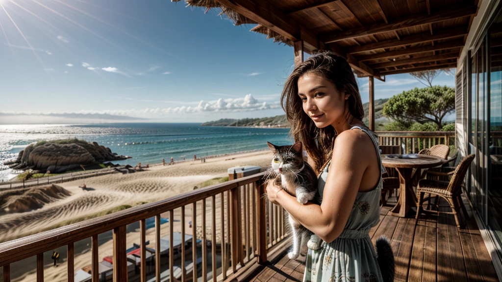 Sandy beach, wooden open terrace,(( woman holding cat)), pleasant breeze,, strong sunlight, sea view, beautiful woman, hair blowing in the wind,