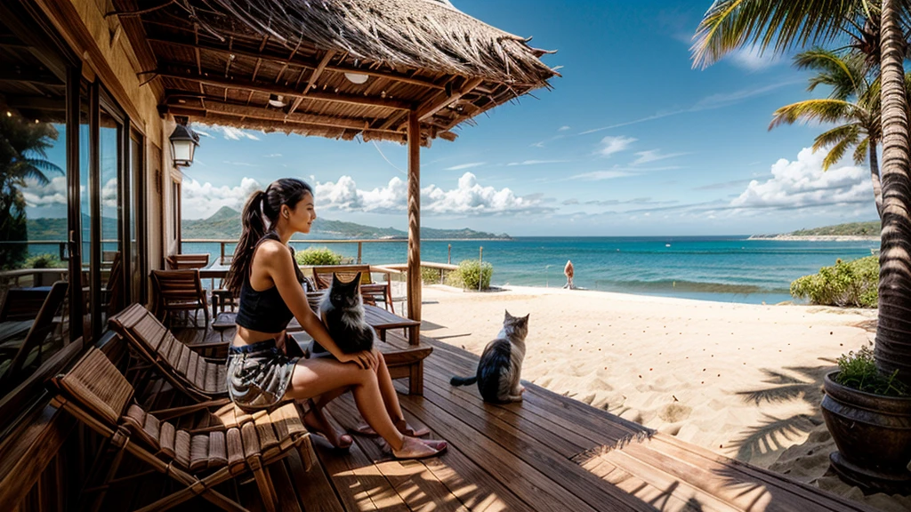 Sandy beach, wooden open terrace,(( woman holding cat)), pleasant breeze,, strong sunlight, sea view, beautiful woman, hair blowing in the wind,