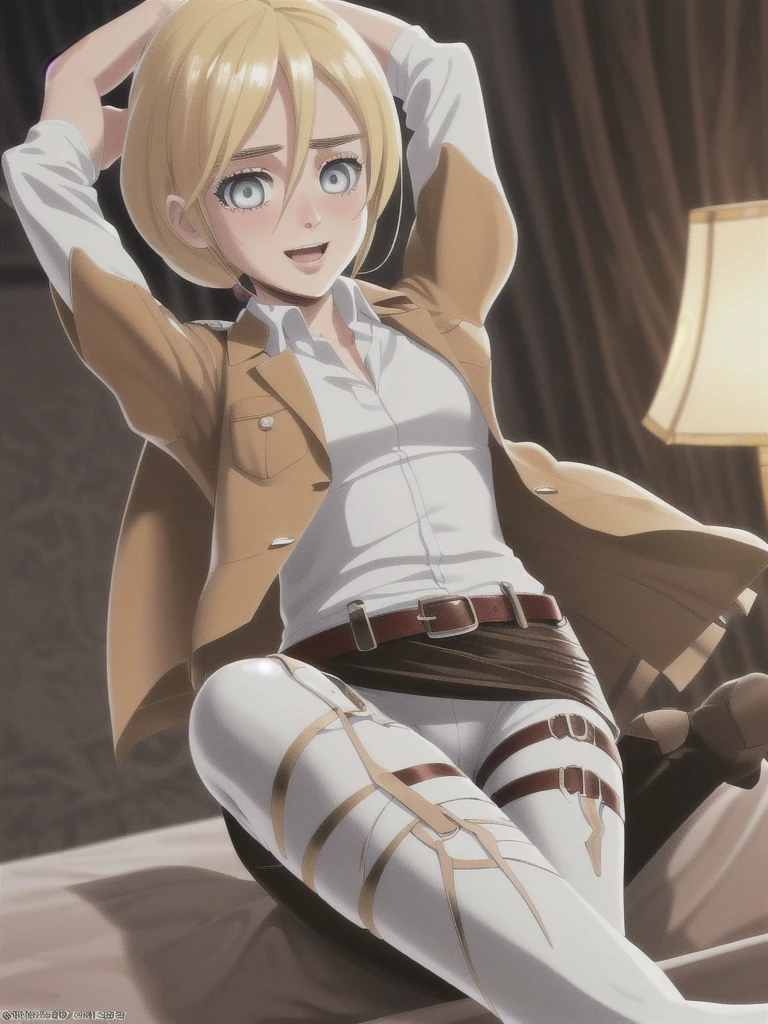masterpiece, Highest quality, High resolution, mansion bedroom, In the middle of the night, Moonlight, Sitting on the bed, One girl, alone, View your viewers, smile, history, Krista Lentz, Blonde, blue eyes, Hair between the eyes, short hair, ponytail, Official Art, Jacket, brown Jacket, Symbolism, belt, Thigh straps, pants, white pants, boots, shirt, white shirt, collared shirt, (Tight clothing), unity 8k wallpaper, (figure:0.8), (Beautiful attention to detail:1.6), Highly detailed face, Highly detailed CG, (3D Face:1.1), (Shiny skin:1.5), (超High resolution intricate face details), (Facial skin pores:1.3), 超High resolution cloth texture, Shining Eyes, Perfect Eyes, Glowing Eyes, shy smile, Blushing, Open your mouth, Showing off her perfect legs, Swayback stance:1.5, armpit:1.6, arms behind back