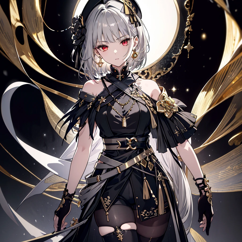 8k,High resolution RAW color art, Anime Art,Silver Marble Skin, (((Very detailed and cool))), Detailed skin, Bokeh、texture,(Exquisitely crafted, The finer details, Ultra-detailed art), (((1 girl))), Depth of written boundary, Silky Touch, Hyper Detail, (((Cool face))), eye shadow、Armed women, Beautiful detailed red eyes, Beautiful lip detail, Highly detailed face, Delicate depiction of hair and eyes, Detailed Fashion, Golden Earrings,Full body depiction, Black half top、Shoulder Bare、Black shorts、Waist Cloak、black tights、Golden decoration, Light gray hair, Golden bracelet, Straight Hair、Short Hair、(((Hair)))、Calm background、(((Black theme)))、snow、Side view、Crouch、look up
