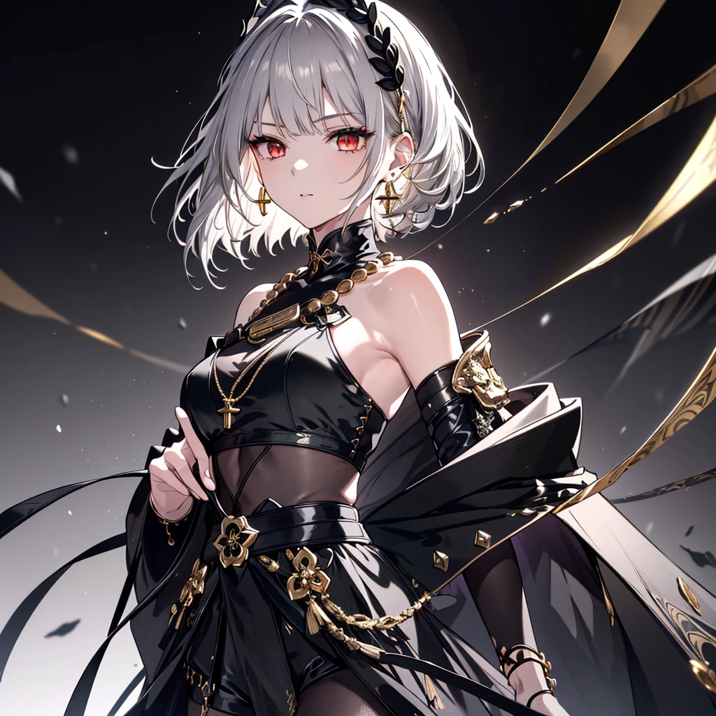 8k,High resolution RAW color art, Anime Art,Silver Marble Skin, (((Very detailed and cool))), Detailed skin, Bokeh、texture,(Exquisitely crafted, The finer details, Ultra-detailed art), (((1 girl))), Depth of written boundary, Silky Touch, Hyper Detail, (((Cool face))), eye shadow、Armed women, Beautiful detailed red eyes, Beautiful lip detail, Highly detailed face, Delicate depiction of hair and eyes, Detailed Fashion, Golden Earrings,Full body depiction, Black half top、Shoulder Bare、Black shorts、Waist Cloak、black tights、Golden decoration, Light gray hair, Golden bracelet, Straight Hair、Short Hair、(((Hair)))、Calm background、(((Black theme)))、snow、Side view、Crouch、look up