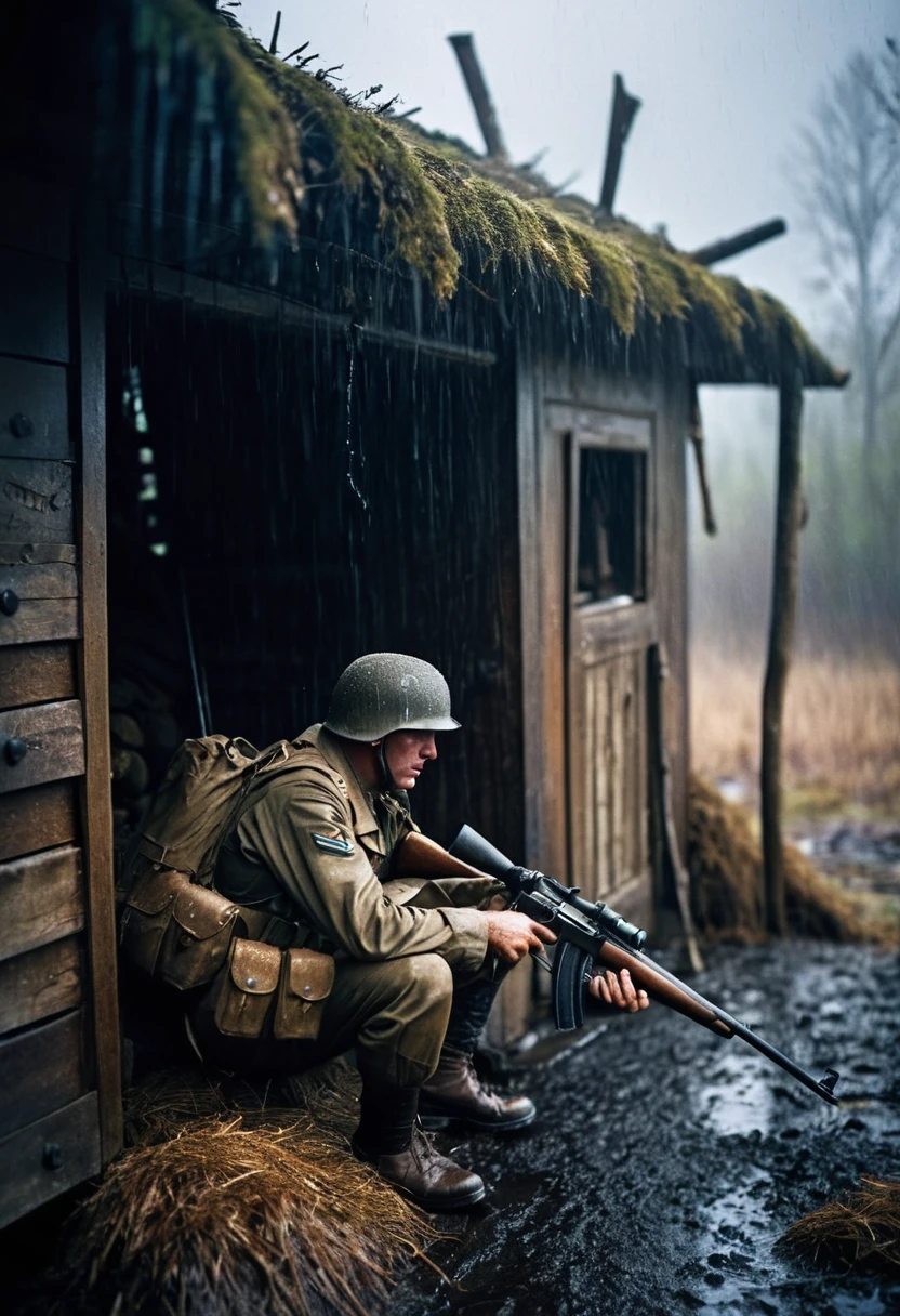 Photography in (stvmccrr style), an american soldier with WW2 uniform and gear and WW2 rifle, taking a shelter under a ruined hut, pouring rain, solo, dirty, exhausted, dark, loom, moody, bokeh, cinematic, emotive humane photography, rich colors, analog film, film grain, kodachrome, intricate details, insanely detailed, natural lighting, 8k, hdr, masterpiece, award winning photography
