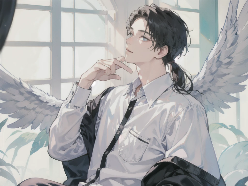 man, side face, wings white behind him, angel
