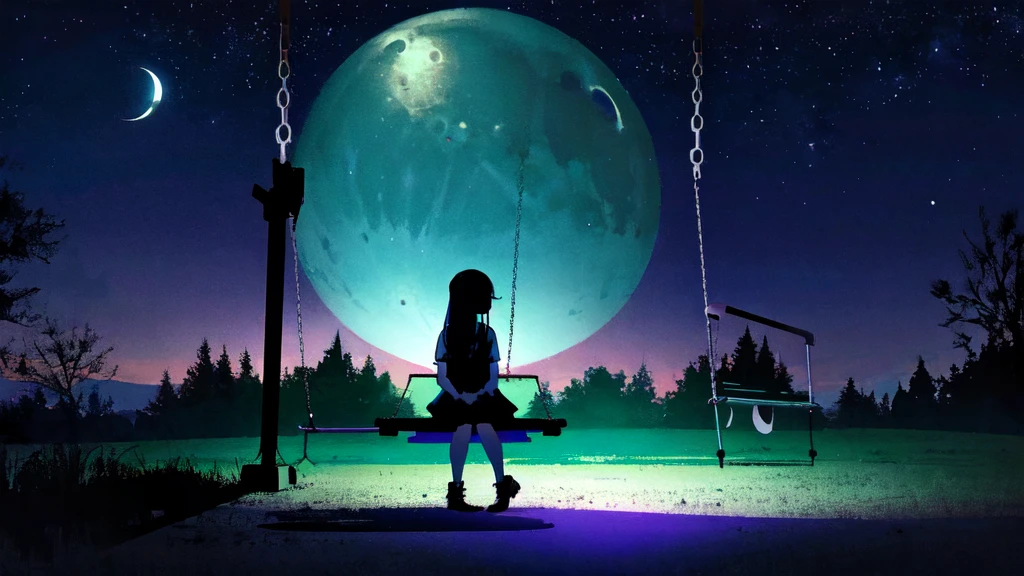 Eerie Illustration.
Make a night view of a park on a star-filled night.
A girl with long, straight hair sits on a swing in the corner of the screen, silhouetted against a large crescent moon.
There is other playground equipment.
The mood should be mysterious, with elements of serenity and eeriness mixed in.
A little horror.