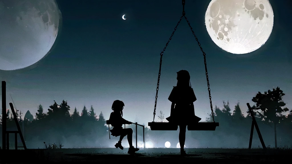 Eerie Illustration.
Make a night view of a park on a star-filled night.
A girl with long, straight hair sits on a swing in the corner of the screen, silhouetted against a large crescent moon.
There is other playground equipment.
The mood should be mysterious, with elements of serenity and eeriness mixed in.
A little horror.