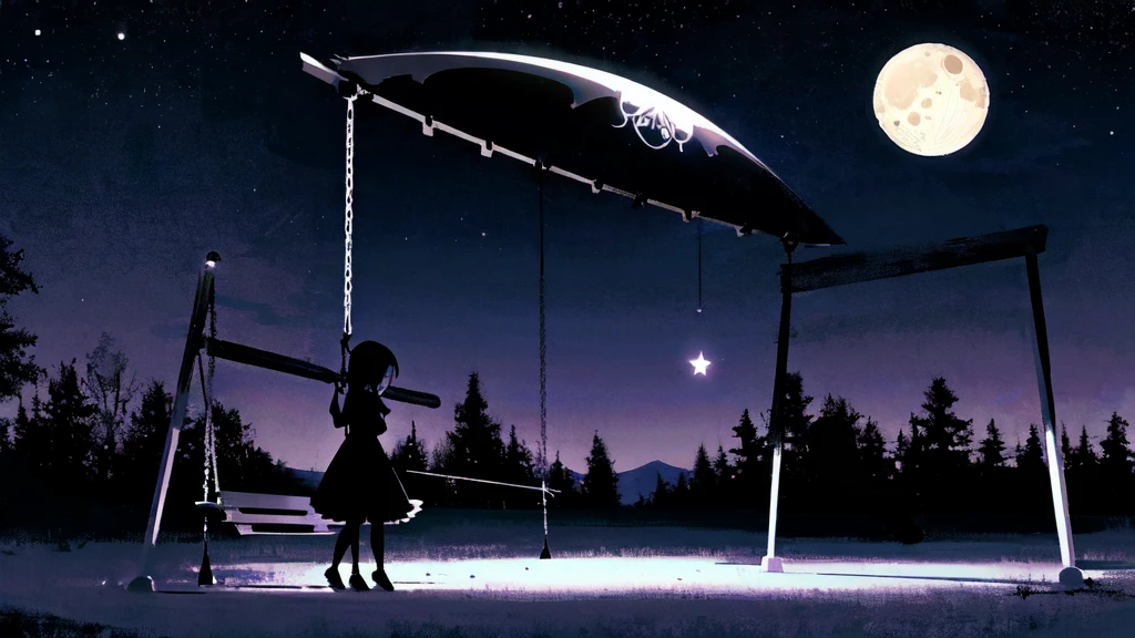 Eerie Illustration.
Make a night view of a park on a star-filled night.
A girl with long, straight hair sits on a swing in the corner of the screen, silhouetted against a large crescent moon.
There is other playground equipment.
The mood should be mysterious, with elements of serenity and eeriness mixed in.
A little horror.