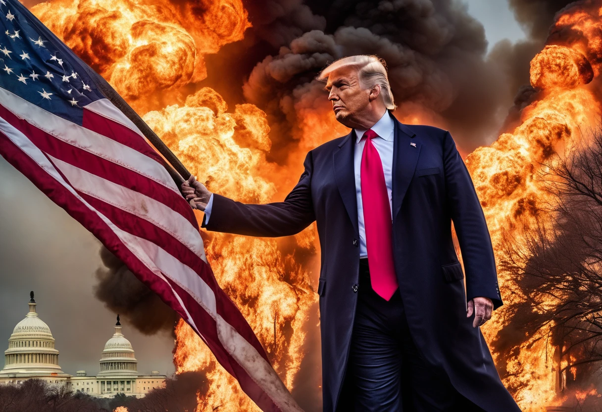Incredible detailed photography of Donald Trump in post-apocalyptic Washington D.c., burning the american flag, violence, High-resolution face, piercing eyes, , smiling,Anti-aliasing, fxaaa, De-Noise, Post production, sound effects, insanely detaileda & intricate, hypermaximalist, chic, ornated, hyperrealisti, super verbose, black coloration, serene, 16K resolution, whole body,