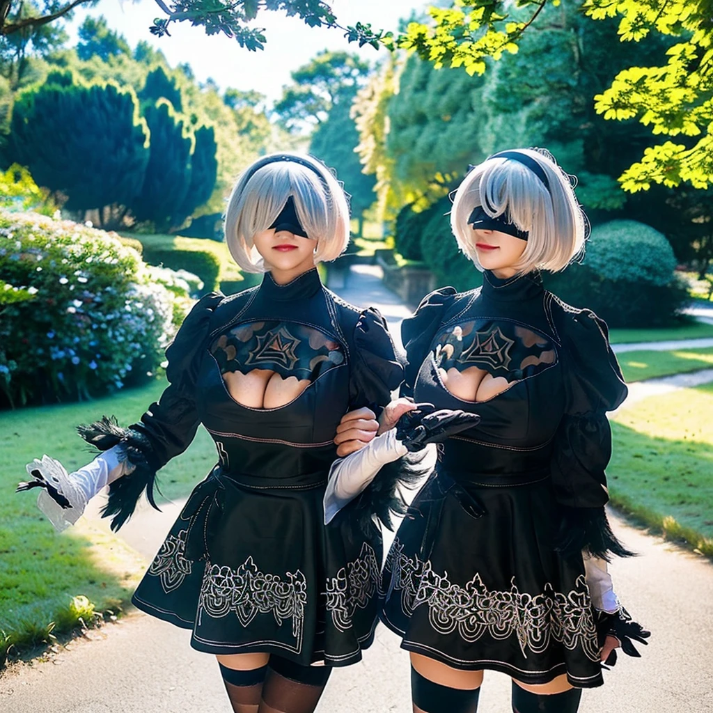 2_B, beautiful girl,  2_B, (blindfold:1.2), white hair, short hair, black short dress, (cleavage cutout:1.2),(gigantic breasts:1.3),puffy sleeves, upper body, long sleeves, mole under mouth, juliet sleeves, standing, black hairband, cleavage, black thighhighs, outdoors, sunshine, lawn, flowers, sunny, lake, park,