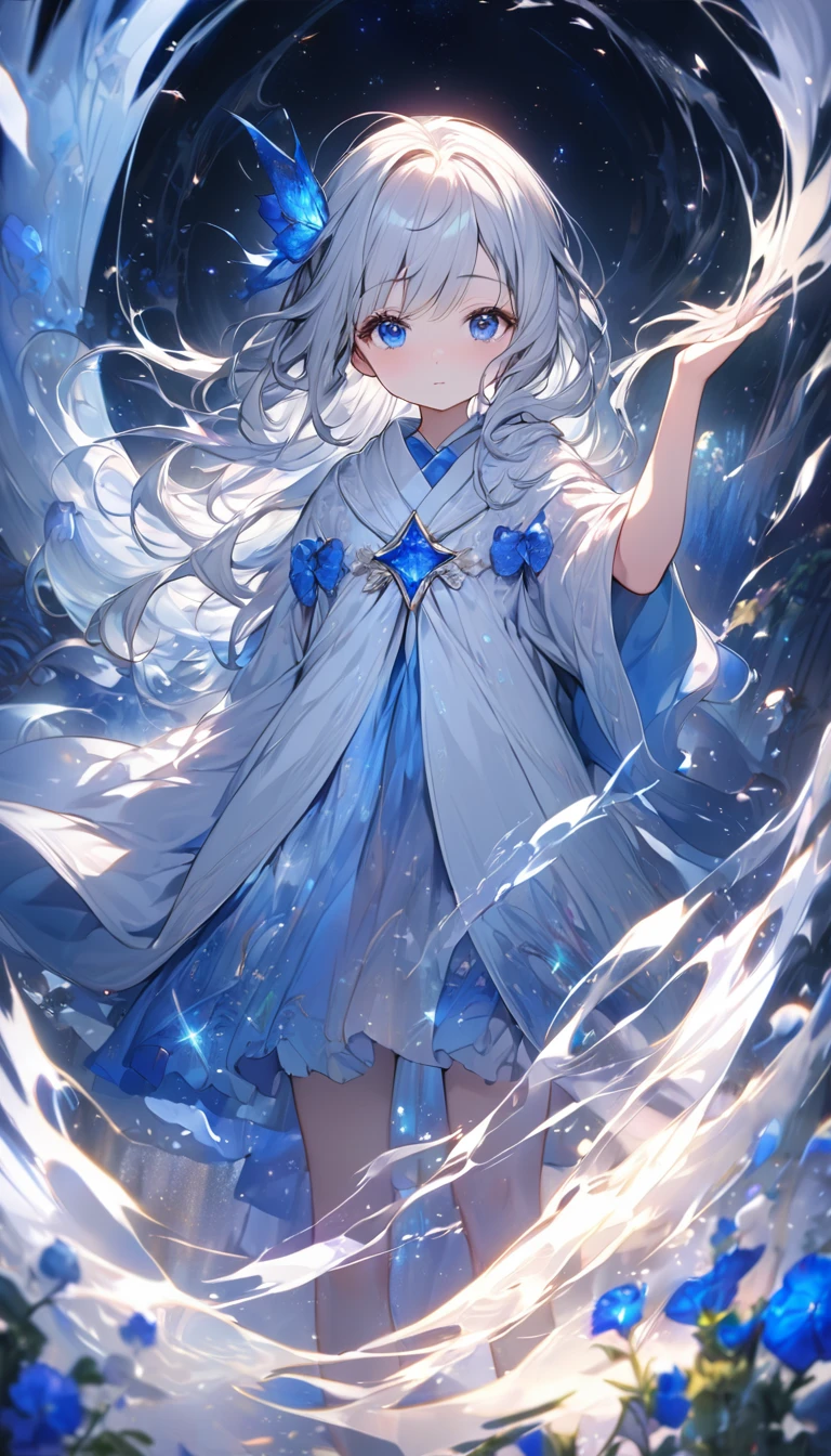 Highest quality,masterpiece,Detailed Details,Super detailed,colorful,The background is the deep blue sea,Transparency,Use HDR technology to create a sense of depth,beautiful,beautiful自然,Sacred atmosphere,8-year-old girl,Alone,A soft look,Wearing starry wizard robes,Stand in the center of the screen,The whole body faces this way,Look diagonally forward to the left,Put your right hand forward in a three-dimensional way,A star-like light from the right,Light magic from the right hand,Narrow and gentle eyes,mysterious,Silver hair decorated with blue flowers,Fantasy atmosphere,beautiful虹色の蝶々is flying in the air