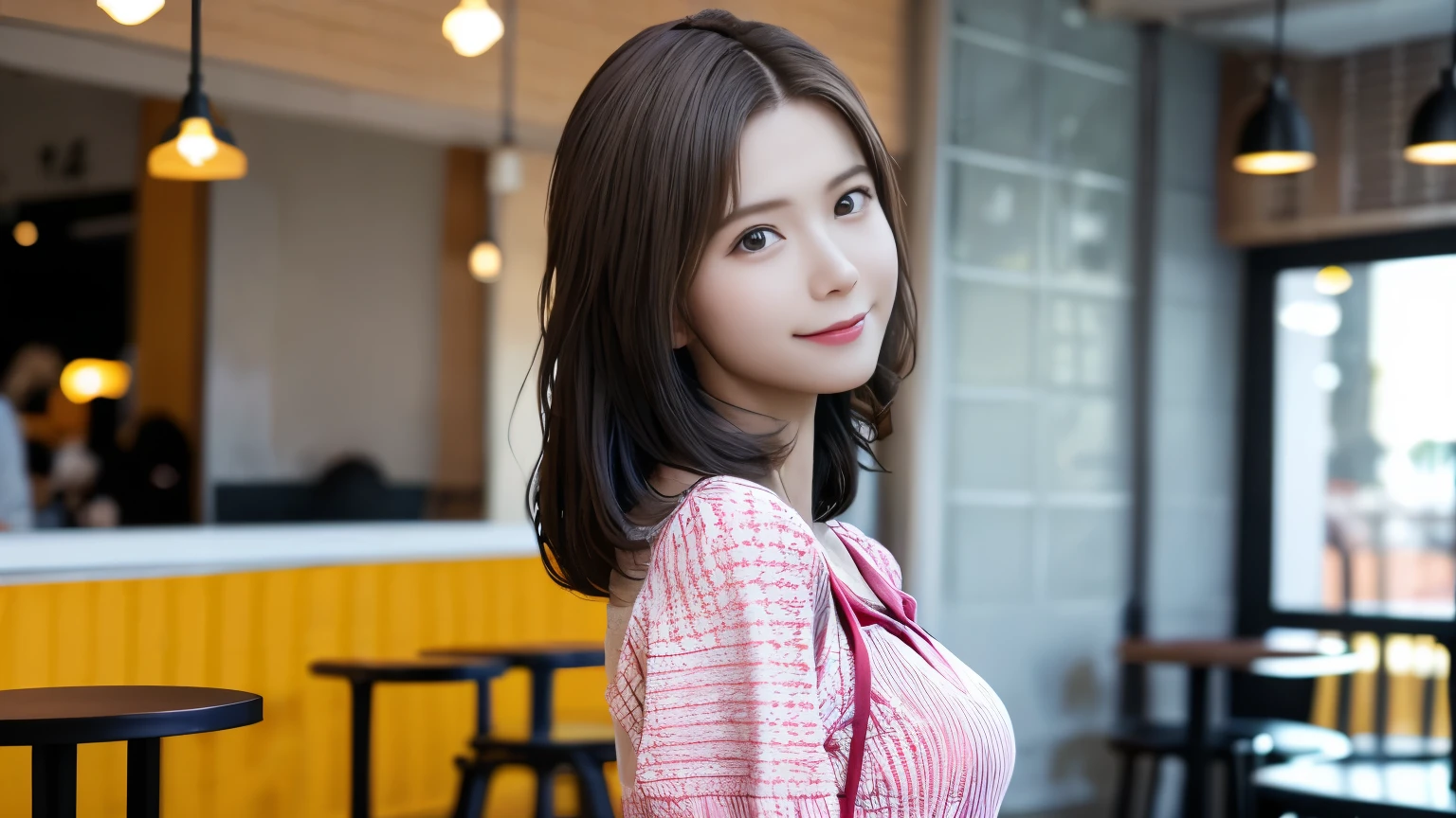 ((Realistic lighting、highest quality、8k、masterpiece:1.3))、Clear focus:1.2、24-year-old female、One Woman、Perfect figure:1.4、whole body、Beautiful Eyes、Symmetrical face、Small breasts、Slim Abs:1.1、short hair、((Dark brown hair))、White cool casual wear、Ultra mini skirt、Tight Skirt、Very beautiful face、double eyelid、Meet at the café、Sit on a chair、look at me、smile、Japanese women、Well-formed eyes、Symmetrical eyes、Slender body、I want to be protected、cross-legged、Narrow shoulders、