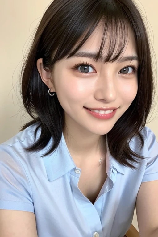 (High resolution、High resolution、high quality、High resolution、すべてをHigh resolutionで描画する)、Vivid crystal light blue eyes、Very small diamond-shaped earrings、Look straight at the camera、Listen carefully、light in your eyes、droppy big eyes,Beautiful very short black hair、Beautiful hair with beautiful and very short bangs、Straight beauty Bang、Beautiful neckline、Beautiful 28 years old、Lip gloss、Long neck、smile、Beautiful teeth alignment、beauty、Beautiful woman、Pure white open-collar business shirt、A pure white business shirt with an open chest、medium breasts,cleavage,Lengthen the left and right ends of your bangs、Beautiful composition、Roll up the sleeves of a long-sleeved business shirt:1.4、Beautiful Supermodel、Naked from the waist up,(looseroom,loose:1.15)