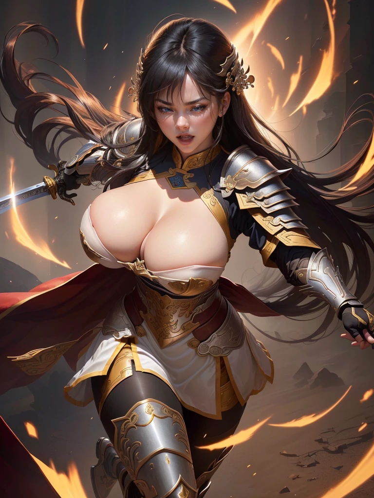 a close up of a woman in armor holding a sword, inspired by Ju Lian, inspired by Li Mei-shu, yun ling, g liulian art style, by Yang J, bian lian, xianxia hero, inspired by Pu Hua, inspired by Guo Chun, by Qu Leilei, yang qi, inspired by Lan Ying, inspired by Li Tang, Saggy breasts, Gravity-dependent breasts, long chest, Heavy chest, disproportionate breasts, huge breasts, sagging breasts, gigantic breasts, angry, shout, open your mouth wide,