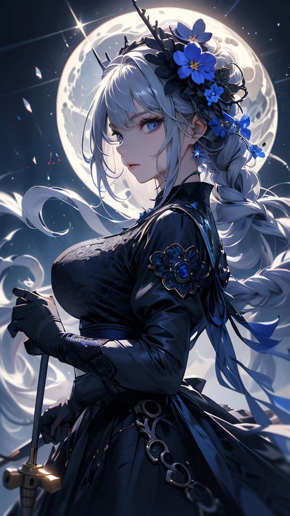 masterpiece, high quality, 4K, Beautiful design, silhouette，Gray Hair， 非常に詳細な夜のStarry Sky,Flower Field， wonderful, Finer details,  Very knowledgeable woman, Highly detailed solo, 1 female,blue eyes，Big Breasts，Gothic Lolita Fashion，Night view，Starry Sky，Blue Full Moon，