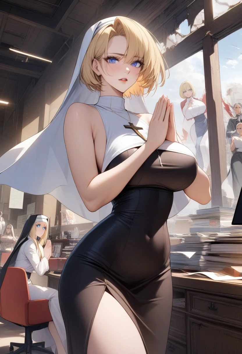 masterpiece, best quality, very aesthetic, absurdres, 1girl, mature_lady,nun_clothes, crucifix, praying, holy_light ,,Android 18(Dragon Ball), short hair,blonde hair, blue eyes,,in recreational machine hall,blur background,background defocus,