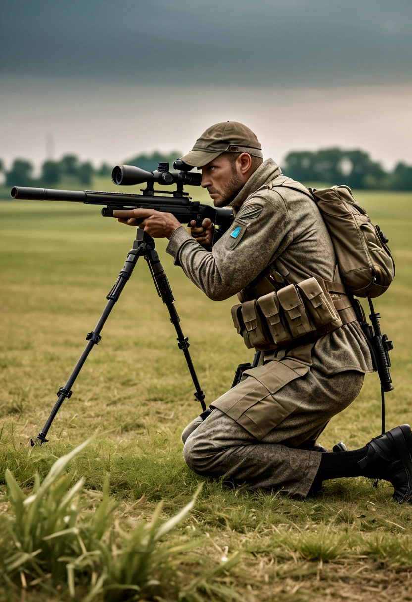 (Sniper), The sniper demonstrated the use of his sniper rifle in a professional posture on the training ground, with an open training field as the background, full body, award-winning, cinematic still, emotional, vignette, dynamic, vivid, (masterpiece, best quality, Professional, perfect composition, very aesthetic, absurdres, ultra-detailed, intricate details:1.3)