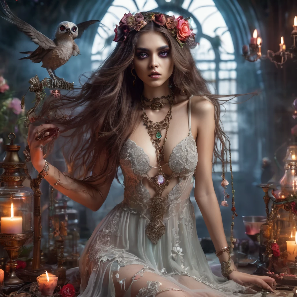 topless zombie girl, long bloody hair, seductive eyes, mysterious expression, mature appearance, charming sheer dress, flowing short dress, elegant jewelry, intricate decoration, magic symbols, glowing accessories, potions, scrolls, cute accents, bows, ribbons, flowers, birds, skeleton