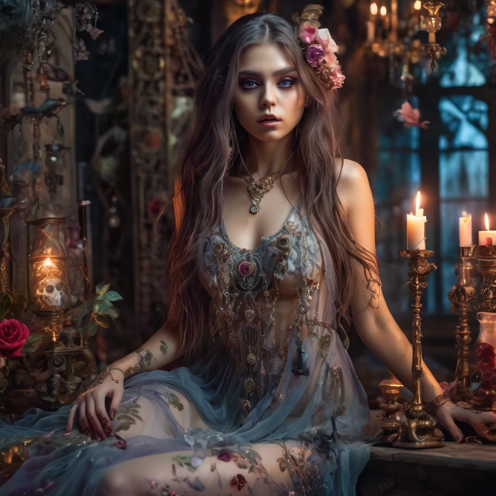 topless zombie girl, long bloody hair, seductive eyes, mysterious expression, young appearance, charming sheer dress, flowing short dress, elegant jewelry, intricate decoration, magic symbols, glowing accessories, potions, scrolls, cute accents, bows, ribbons, flowers, birds, skeleton