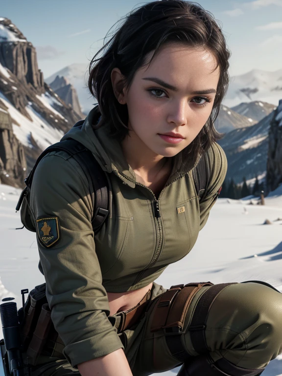 a highly detailed portrait of Daisy Ridley as a sniper, beautiful detailed eyes, beautiful detailed lips, extremely detailed eyes and face, long eyelashes, military uniform, midriff, holding a scoped rifle, holding a rifle, aiming rifle at viewer, assassin, crouching in a sniper position, icy mountain terrain, moody dramatic lighting, cinematic composition, photorealistic, 8k, hyper detailed