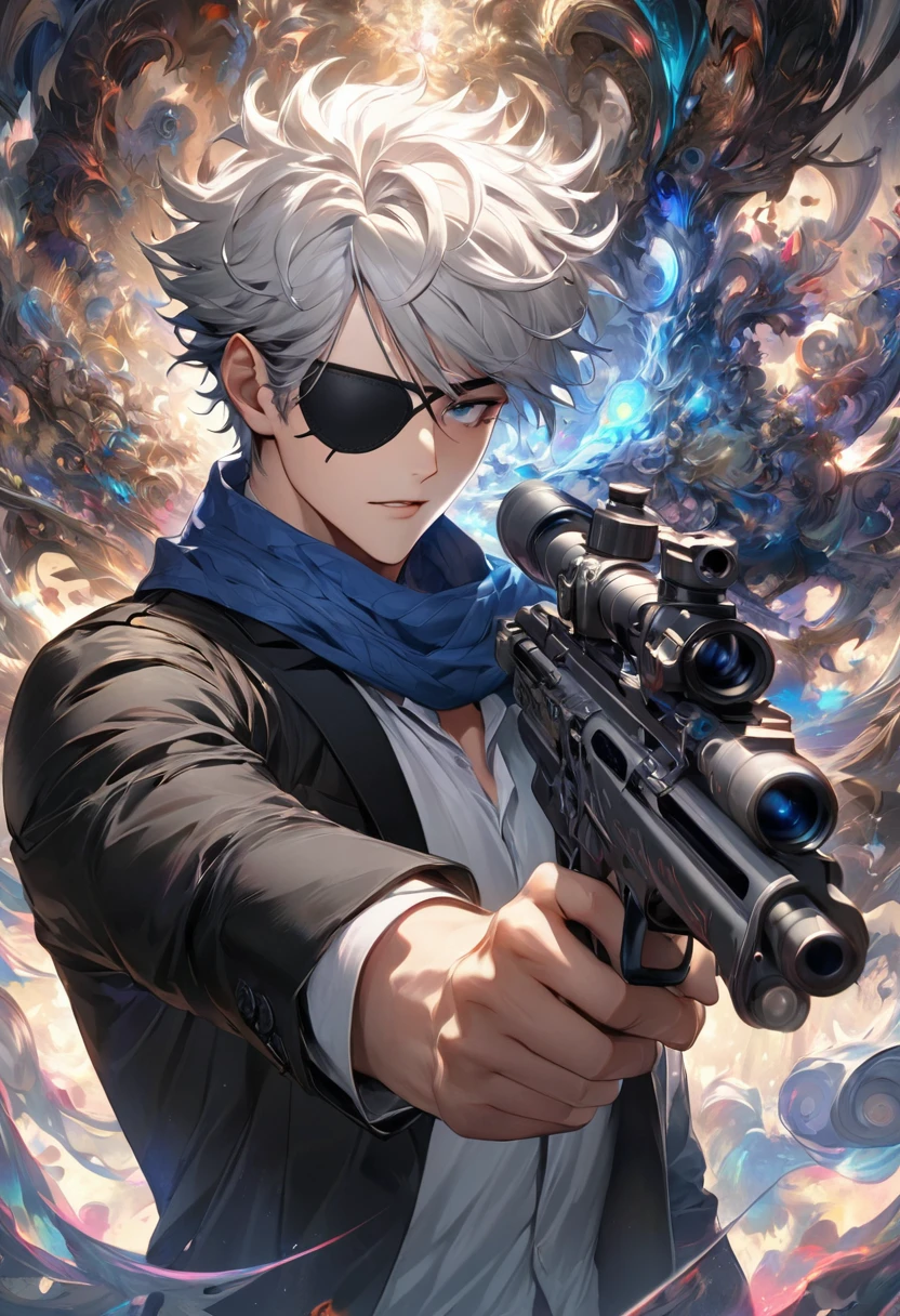 ( 正確Perfect anatomical structure )一名身穿黑色衬衫的男孩載 Single eye black eyepatch ( Single eye black eyepatch)、scarf, gray hair, Close up high dynamic range of man with spiky hair and white hair pointing gun forward dynamic sniper ( perfect anatomy ) Aim forward and emit bright light ( Perfect anatomical structure ) Handsome black jacket blue silver shiny swirling high dynamic vortex around man, Vortex Dynamic Masterpiece Perfect Composition Intricate Details Meticulous Digital Art
