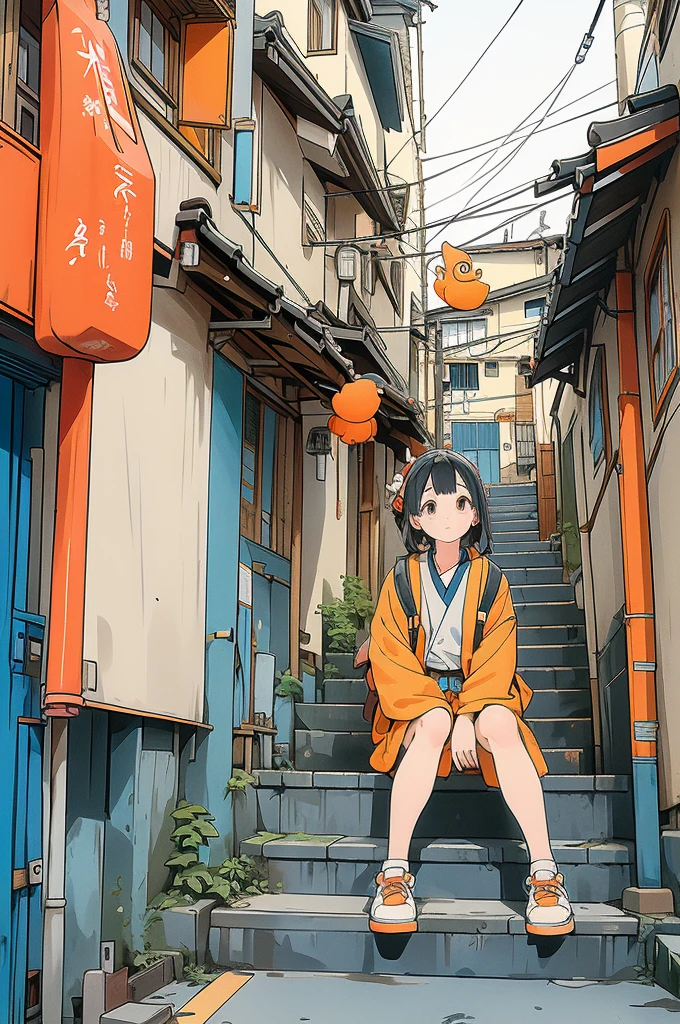 A japanese cute girl sitting on steps in a narrow alleyway, surrounded by traditional buildings with a clear blue sky above. The person is wearing an orange jacket, white shirt, and orange shoes. There are power lines and a flying bird above the buildings.