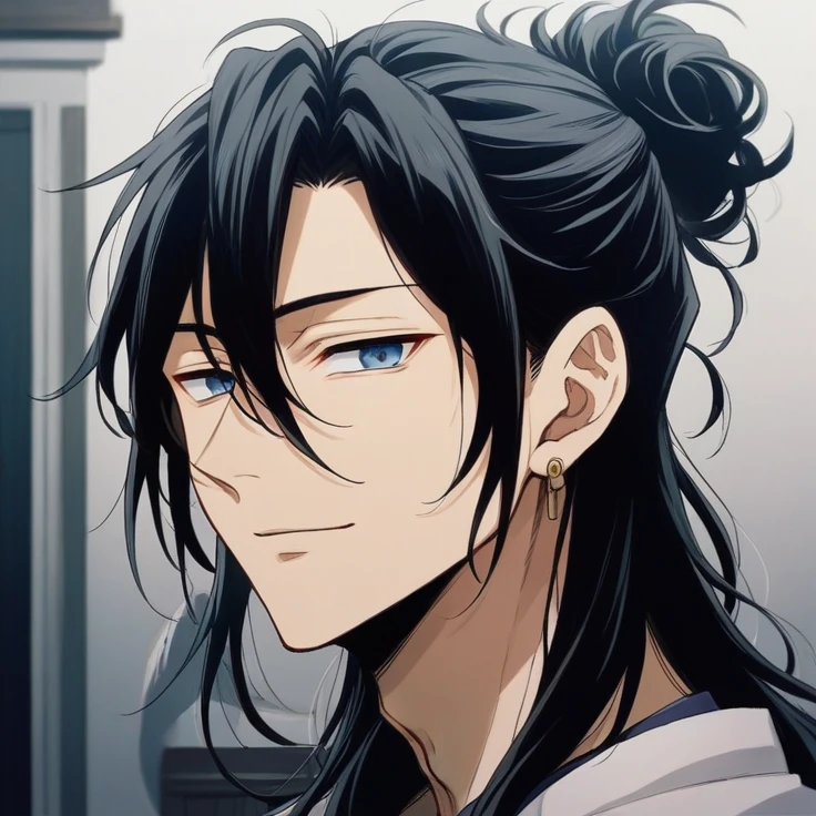 A handsome man with long black hair and blue eyes looking at the camera, inspired by Okumura Masanobu, beautiful anime man, tsurumaki kazuya, sui ishida, with black hair, his long black hair is well-groomed and tied in a high bun, with some loose strands in the front, kentaro miura style, male anime character, mai yoneyama, a good-looking face in the style of demon slayer art, but with a gentle and welcoming expression, showing a soft smile, he has pale skin and wears silver earrings in both ears, wearing a simple and traditional outfit.