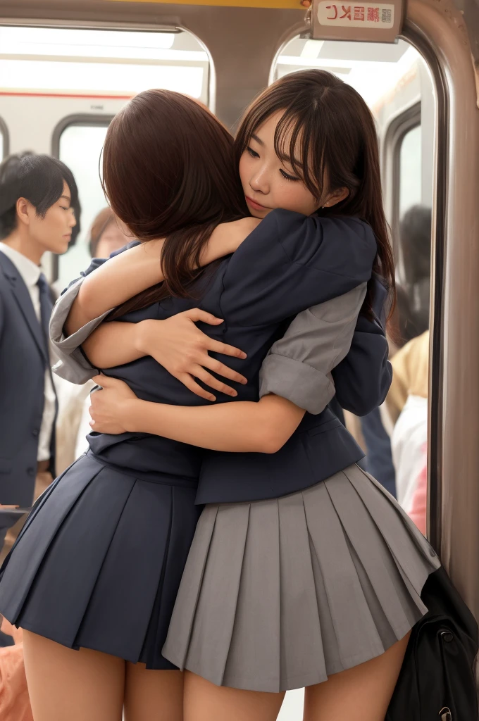 YES NSFW, [(Handsome man hugging woman from behind)], crowded train, Spanish woman, Spanish prostitute, Spanish bitch, Spanish whore, Spanish harlot, Handsome man hugging her from behind, Talking in her ear, lift her up, miniskirt twisted upwards, 40k, photograph, masterpiece, highest quality, dark gray background, ((Japan girls' high school uniform)), An elderly man leans on her from behind、I held you up, Mr.々Hit the pose. 々, 々.