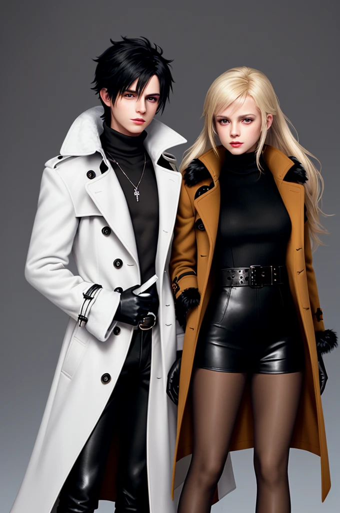 Final fantasy taste and reality graphics, Japanese young cute and cool ikemen boy and cute and beauty girl,,boy and girl couple, both age is early 20s, thin eyebrows and beady eyes, girl is black long hair, boy wearing orange beige color double brest very thick trench coat, with a black color neck fur.,neck fur is black color, must black neck fur,
Must tighten your belt of coat, with epaulet, must close the front of the trench coat,, must trench coat cloth the front, also wearing black very thick turtleneck lackluster shirts, tight black leather pants, shiny black leather tight and must put on a thin leather glove both hands, black leather knee-high raceup boots,
Girl wearing white colordouble brest very thick long coat,Must tighten your belt of coat, must trench coat cloth the front, also wearing black very thick turtleneck lackluster shirts, tight black leather pants, shiny black leather tight and must put on a thin leather glove both hands, black leather knee-high raceup boots,must views head-to-toe,must views whole body, boy and girl looks like fashion model,Do not show skin from the neck down,leather jacket leather glove and leather pants have few wrinkles,boy in the room,,Avoid showing your innerwear,must close coats waist belt.