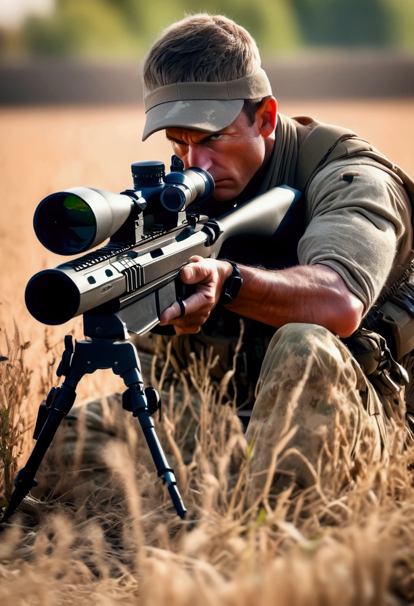 (Sniper), The sniper demonstrated the use of his sniper rifle in a professional posture on the training ground, with an open training field as the background, full body, award-winning, cinematic still, emotional, vignette, dynamic, vivid, (masterpiece, best quality, Professional, perfect composition, very aesthetic, absurdres, ultra-detailed, intricate details:1.3)