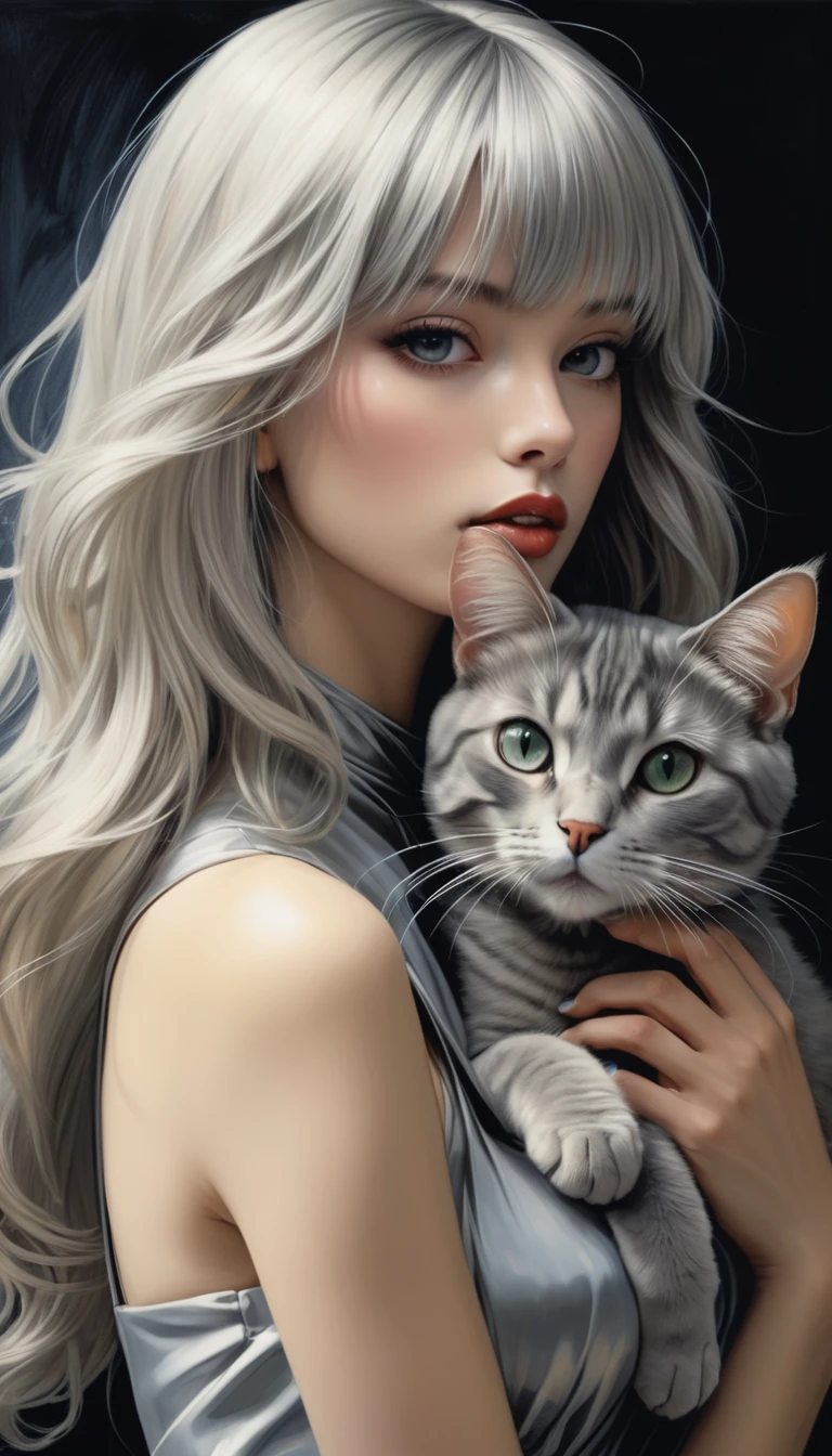 Sensual illustration of a lascivious princess and her cat, using chiaroscuro (((Silver straight hair with bangs:1.4、Beautiful Eyes) , Vintage ,Silk dress, Matte Paint, John Singer Sargent, by Katsuya Terada、 Very soft color, Dark Vivid, Dark Gray Pastel, Very detailed, Digital Art, High Contrast, dramatic, Sophisticated, tone, Intimate, Sensuality and romance、Masterpiece、Minimalist、Pop surrealism、pop art、drawing、Beautiful Face