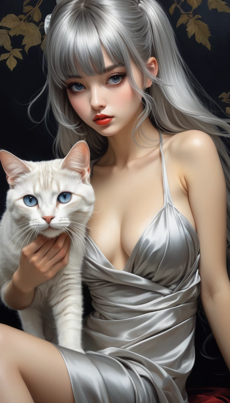 Sensual illustration of a lascivious princess and her cat, using chiaroscuro (((Silver straight hair with bangs:1.4、Beautiful Eyes) , Vintage ,Silk dress, Matte Paint, John Singer Sargent, by Katsuya Terada、 Very soft color, Dark Vivid, Dark Gray Pastel, Very detailed, Digital Art, High Contrast, dramatic, Sophisticated, tone, Intimate, Sensuality and romance、Masterpiece、Minimalist、Pop surrealism、pop art、drawing、Beautiful Face