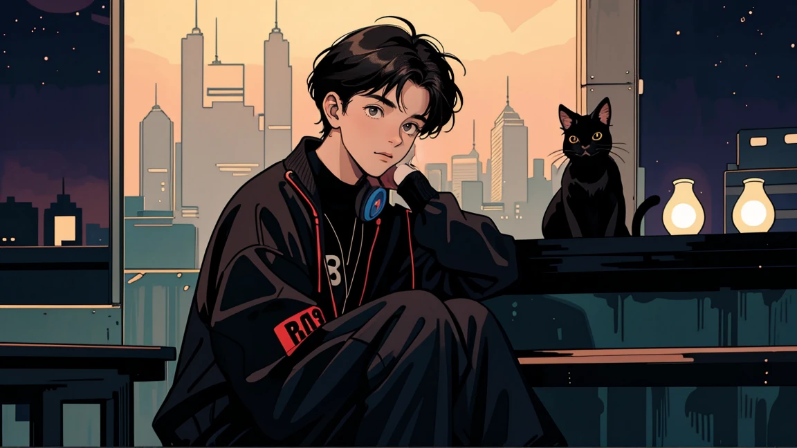 best quality, 8k, 1990s style,2010s hairstyles, 21-year-old boy, black hair, light brown eyes, city pop, pants ,night view, wearing headphones, whole body, relax coffee,table,confection,Looking at me, Black cat